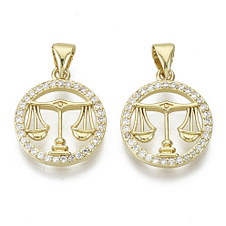 Libra Brass Micro Pave Cubic Zirconia Pendants, Nickel Free, with Snap on Bail, Flat Round with Constellation, Clear, Golden, Libra: 17.5x15x2mm, Hole: 4x3mm