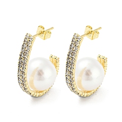 Golden Brass Stud Earrings with ABS Imitation Pearl Beaded, Half Hoop Earrings, Golden, 26.5x4mm
