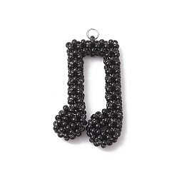 Черный Подвески из стеклянных бусин в виде музыкальных нот, с цветом нержавеющей стали 304 открытые соединительные кольца из нержавеющей стали, чёрные, 39x22x6 мм, отверстие : 2.5 мм