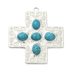 Cross Окрашенные синтетические бирюзовые подвески, с 304 установками из нержавеющей стали, серебряный цвет гальваническим, крестик, 46.5x42.5x5 мм, отверстие : 2.8 мм