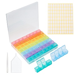 Mixed Color Rhinestone Storage Tools, with 56 Compartments Removable Plastic Bead Containers, Label Paster, Iron Tweezers and Tray Plate, Mixed Color, 21.2x18.4x2.7cm, Compartments: 2.2x2.4cm, 56 Compartments/box