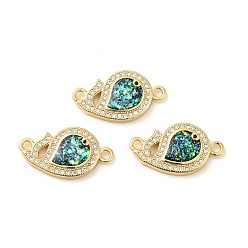Real 18K Gold Plated Rack Plating Brass Micro Pave Clear Cubic Zirconia Connector Charms, Fish Links with Synthetic Opal, Lead Free & Cadmium Free, Long-Lasting Plated, Real 18K Gold Plated, 12x22x3.4mm, Hole: 1.8mm