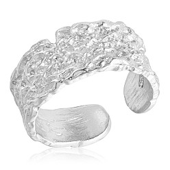 Platinum Rhodium Plated 925 Sterling Silver Textured Chunky Open Cuff Ring for Women, Platinum, US Size 5 1/4(15.9mm)