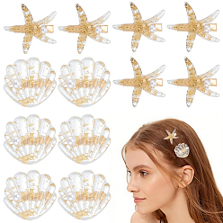 Golden 12Pcs 2 Styles Resin Alligator Hair Clips, Shell Shape & Starfish, Golden, 39.5~40x40~41.5x12~14mm