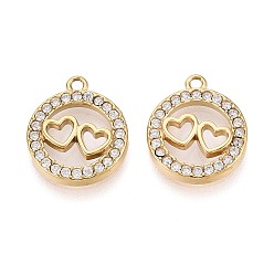 Настоящее золото 18K 304 подвески из микро-паве из нержавеющей стали с фианитами, кольца и сердечки, ионное покрытие (ip), реальный 18 k позолоченный, 15x12.5x2 мм, отверстие : 1.2 мм