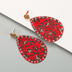 Red PU Leather Stud Earring, with Rhinestone, Teardrop, Red, 94x53mm