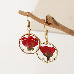 (123L) Белый крем непрозрачный блеск Серьги-подвески из сплава эпоксидной смолы с засушенными цветами, с стальными шпильками, плоско-круглые, золотые, огнеупорный кирпич, 41x21 мм