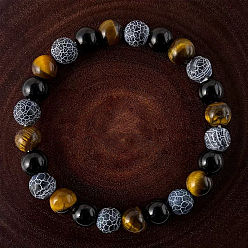 Смешанные камни Браслеты из бусин натурального тигрового глаза, черного оникса и змеиного агата для женщин и мужчин, круглые, внутренний диаметр: 5-7/8 дюйм (15 см) ~ 7-7/8 дюйм (20 см)