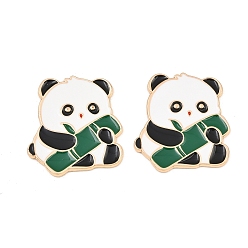 Green Panda with Bamboo Alloy Enamel Cabochons, with Self Adhesive Sticker, Light Gold, Green, 27.5x25x1.5mm