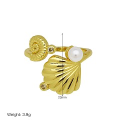 Shell Shape Brass Pave Clear Cubic Zirconia Cuff Open Rings, with Imitation Pearl, Golden, Shell Shape, 15~20mm