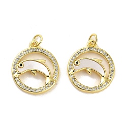 Dolphin Brass Micro Pave Clear Cubic Zirconia Pendants, Cadmium Free & Lead Free, with Shell, Jump Rings, Real 18K Gold Plated, Dolphin, 21x18x3mm, Hole: 3.5mm