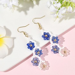 Blue Flower Glass Seed Beaded Dangle Earrings, Brass Beads and 304 Stainless Steel Dangle Earrings, Golden, Blue, 72~72.5x22~23mm