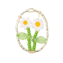 Белый Подвески из стеклянного бисера и стекла миллефиори ручной работы, овальные с цветком, со сплавом, белые, 30x21.5x3 мм, отверстие : 1 мм