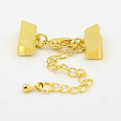 Golden Brass Ribbon Ends with Lobster Claw Clasps and Chains, Golden, 27mm, Ribbon end: 7x13mm.
