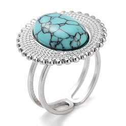 Synthetic Turquoise Ion Plating(IP) 304 Stainless Steel Ring, Adjustable Synthetic Turquoise Rings, Sun, 20.5mm, Inner Diameter: Adjustable