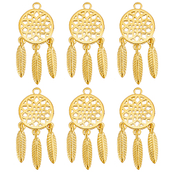 Real 18K Gold Plated 12Pcs Brass Pendants, Long-Lasting Plated, Woven Net/Web with Feather, Real 18K Gold Plated, 24x10.5x1mm, Hole: 1.4mm