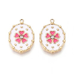 Белый Ионное покрытие (ip) 304 подвески из нержавеющей стали со стразами, с эмалью, овальный и цветок, реальный 18 k позолоченный, белые, 21x14.5x2.5 мм, отверстие : 1.6 мм
