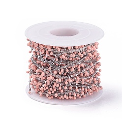 Персиковый Слойка Ручной цепи эмаль бисера, с латунной обуздать цепей, пайки, с катушкой, долговечный, Реальная платина, розовые, 5.5x1.5~2 мм, около 32.8 футов (10 м) / рулон