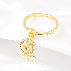 Цветок Латунные кольца-подвески с микропаве из кубического циркония для женщин, долговечный, реальный 18 k позолоченный, цветок, 19.5x11.5 мм, внутренний диаметр: 17 мм