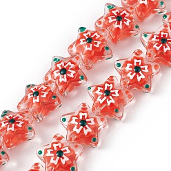 Оранжевый Прозрачные стеклянные бусины, бусины ручной работы, с эмалью, звезда с рисунком сакуры, оранжевые, 13x13.5x6~7 мм, отверстие : 1 мм, около 33 шт / нитка, 14.72 дюйм (37.4 см)