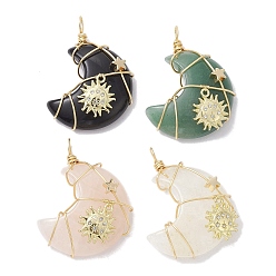 Mixed Stone Natural & Synthetic Mixed Gemstone Copper Wire Wrapped Moon Pendants, Rack Plating Alloy Crystal Rhinestone Sun Charms, Light Gold, 46x30x10mm, Hole: 4.5mm