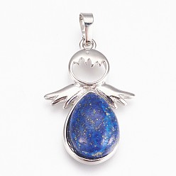 Ляпис-Лазурь Природный лазурит подвески, с латунной фурнитурой , ангел, платина, 37x24.5x8 мм, отверстие : 8x5 мм