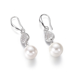 Platinum Shell Pearl Dangle Earrings, with Cubic Zirconia teardrop, Beads and Brass Earring Hook, Round, Platinum, 40mm, Pin: 1mm