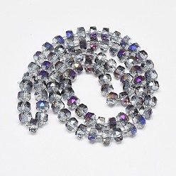 Light Grey Electroplate Glass Beads Strands, Rainbow Plated, Faceted, Flat Round, Light Grey, 7~8x5mm, Hole: 1mm, about 80pcs/strand, 21.26 inch