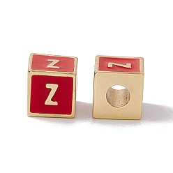 Letter Z Стойки покрытие латунь эмаль бисер, без кадмия, без никеля и без свинца, реальный 18 k позолоченный, куб с письмом, красные, letter.z, 6x6x6 мм, отверстие : 2.5 мм