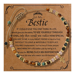 Смешанные камни Браслеты с подвесками в виде латунных крестиков на тему дружбы, Регулируемые браслеты из натуральных круглых бусин с драгоценными камнями для мужчин, золотые, с открытки, 11.02 дюйм (28 см)