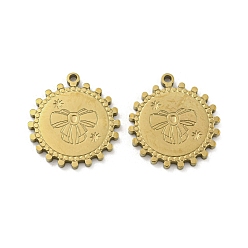Настоящее золото 18K Ионное покрытие (ip) 316l подвески из хирургической нержавеющей стали, без никеля , плоская круглая с подвеской в виде банта, реальный 18 k позолоченный, 17x15x1.5 мм, отверстие : 1.2 мм