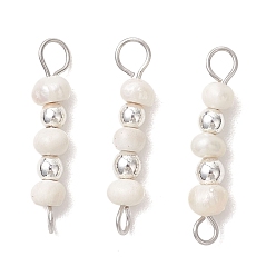 Нержавеющая Сталь Цвет Натуральный культивированный пресноводный жемчужный картофель с круглыми гальваническими синтетическими немагнитными гематитовыми бусинами-подвесками., белые, цвет нержавеющей стали, 24x4~5x4~5 мм, отверстия : 2 mm и 3 мм