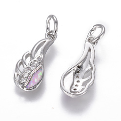 Pink Латуни циркония кубической подвески, с синтетическим опалом, крыло, платина, розовые, 18.5x8x2.5 мм, отверстие : 4 мм