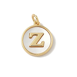 Letter Z Латунный паве натуральный ракушка плоский круглый с буквенными подвесками, реальный 18 k позолоченный, долговечный, без свинца и без кадмия, стойки покрытие, цвет морской раковины, Письмо Z, 15x13x2 мм, отверстие : 3 мм