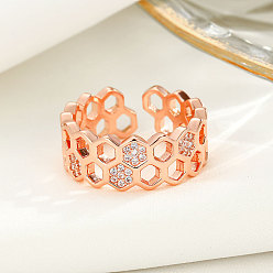 Розовое Золото Модные регулируемые манжеты из латуни с микропаве из кубического циркония, соты, розовое золото , размер США 3 (14 мм)