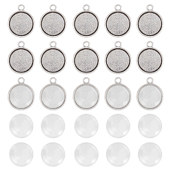 Antique Silver 200pcs Flat Round Pendant Making Kits, Including Tibetan Style Alloy Pendant Cabochon Settings, Transparent Glass Cabochons, Antique Silver, Settings: 17.5x14.5x2.5mm, Hole: 2mm