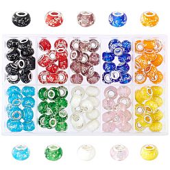 Mixed Color Olycraft Handmade Luminous Lampwork European Beads, Glow In The Dark, Large Hole Beads, with Platinum Tone Brass Double Cores, Rondelle, Mixed Color, 14~15x10~11mm, Hole: 5mm, 100pcs/box