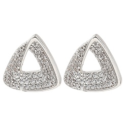 Platino Aretes triangulares de circonita cúbica transparente con micro pavé de latón para mujer, Platino, 13x13.5 mm