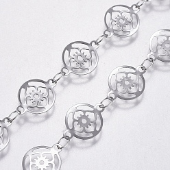 Нержавеющая Сталь Цвет Устойчивы к потускнению 304 цепи из нержавеющей стали, пайки, плоские круглые с цветком, цвет нержавеющей стали, 11.5x8x0.2 мм