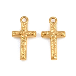 Golden 304 Stainless Steel Pendants, Ion Plating(IP), Hammered Cross Charms, Golden, 15.5x8x2.5mm, Hole: 1.2mm