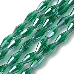 Темно-Зеленый Прозрачные стеклянные бусины гальваническим пряди, гальваническое покрытие, граненые, двухконусные, темно-зеленый, 8x4 мм, отверстие : 0.8 мм, около 63~66 шт / нитка, 20.47~21.26 дюйм (52~54 см)
