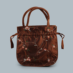 Saddle Brown Retro Rectangle Cloth Drawstring Women Wristlets, with Handles, Embroidery Flower Pattern, Saddle Brown, 21x20x6cm