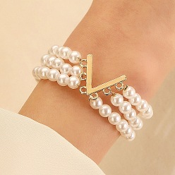 Letter V Natural Pearl Beaded Triple Layer Multi-strand Bracelets, Alloy Link Bracelet, Letter V, 7-1/8 inch(18cm)