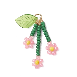 Pink Подвески-цветы из стеклянных бус, с акриловой, розовые, 39 мм, Перейти кольцо: 6x0.7 мм, внутренний диаметр: 4.5 мм