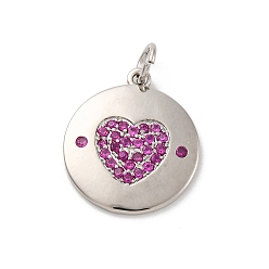 Средний Фиолетово-красный Латунные микро проложить кубического циркония подвески, долговечный, без свинца и без кадмия, платина, круглые с сердцем, средне фиолетовый красный, 18.5x16x1.5 мм, отверстие : 3 мм