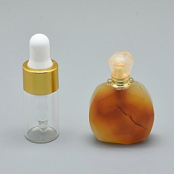 Natural Agate Natural Agate Openable Perfume Bottle Pendants, with Brass Findings and Glass Essential Oil Bottles, 39~50x26~29x16~21mm, Hole: 1.2mm, Glass Bottle Capacity: 3ml(0.101 fl. oz), Gemstone Capacity: 1ml(0.03 fl. oz)