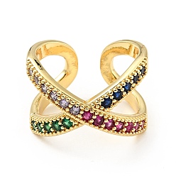 Разноцветный Открытое кольцо-манжета с кубическим цирконием крест-накрест, настоящие позолоченные украшения из латуни для женщин, без кадмия и без свинца, красочный, размер США 18 7 (1/2 мм)