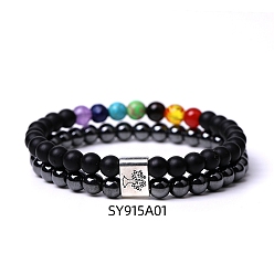 Черный Камень Двухслойный браслет из бисера из натурального черного камня и смешанного камня, 7-1/8 дюйм (18 см)