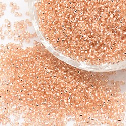 Персиковый Слойка 6/0 круглые бусины из стекла семян, серебряная линия квадратное отверстие, прозрачные цвета, розовые, 3.6~4.0 мм, отверстия : 1.2 mm, около 5000 шт / фунт