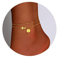 Letter E Браслеты на ногу из латуни с боковыми поперечными связями и плоскими круглыми начальными подвесками, золотые, Письмо E, 7-7/8 дюйм (200 мм)